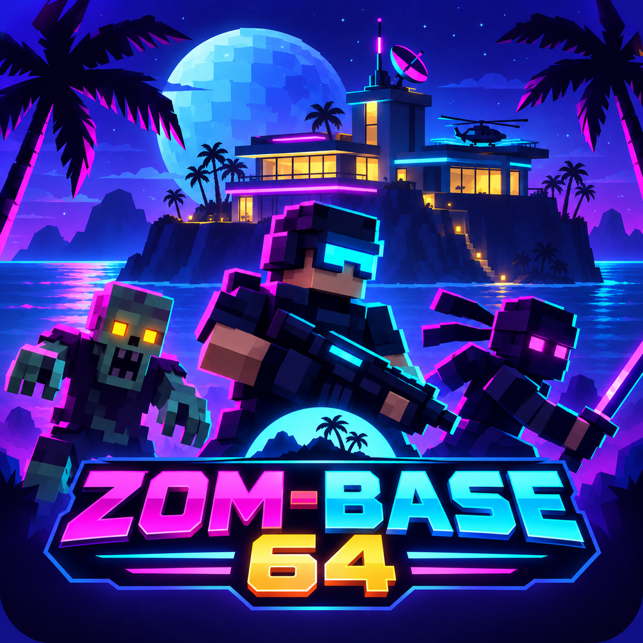 ZOM-BASE 64 neon island mansion showdown artwork